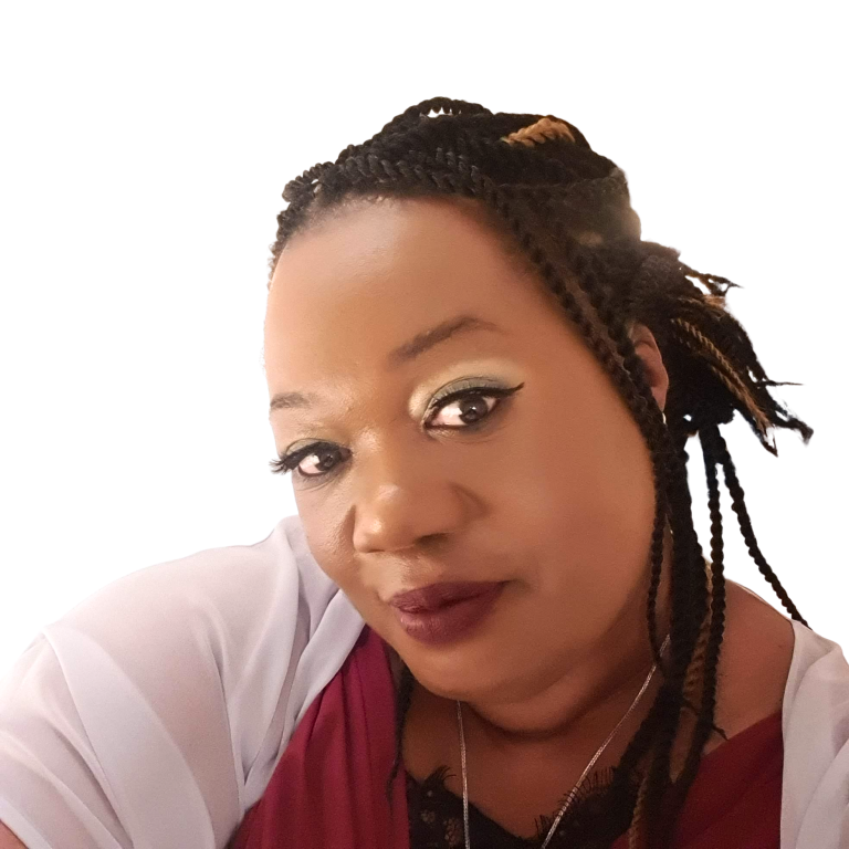 pearline-nelson-stephens Pearline Nelson-Stephens, a woman, with braided hair smiles, wearing makeup and a burgundy top against a white background.